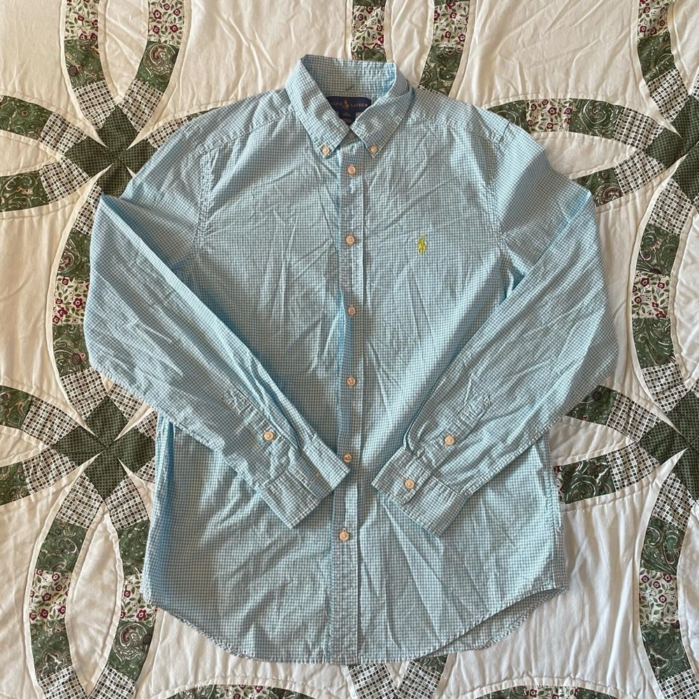 Polo Ralph Lauren Bright Blue Micro Gingham Button-Down Shirt with Size Youth XL